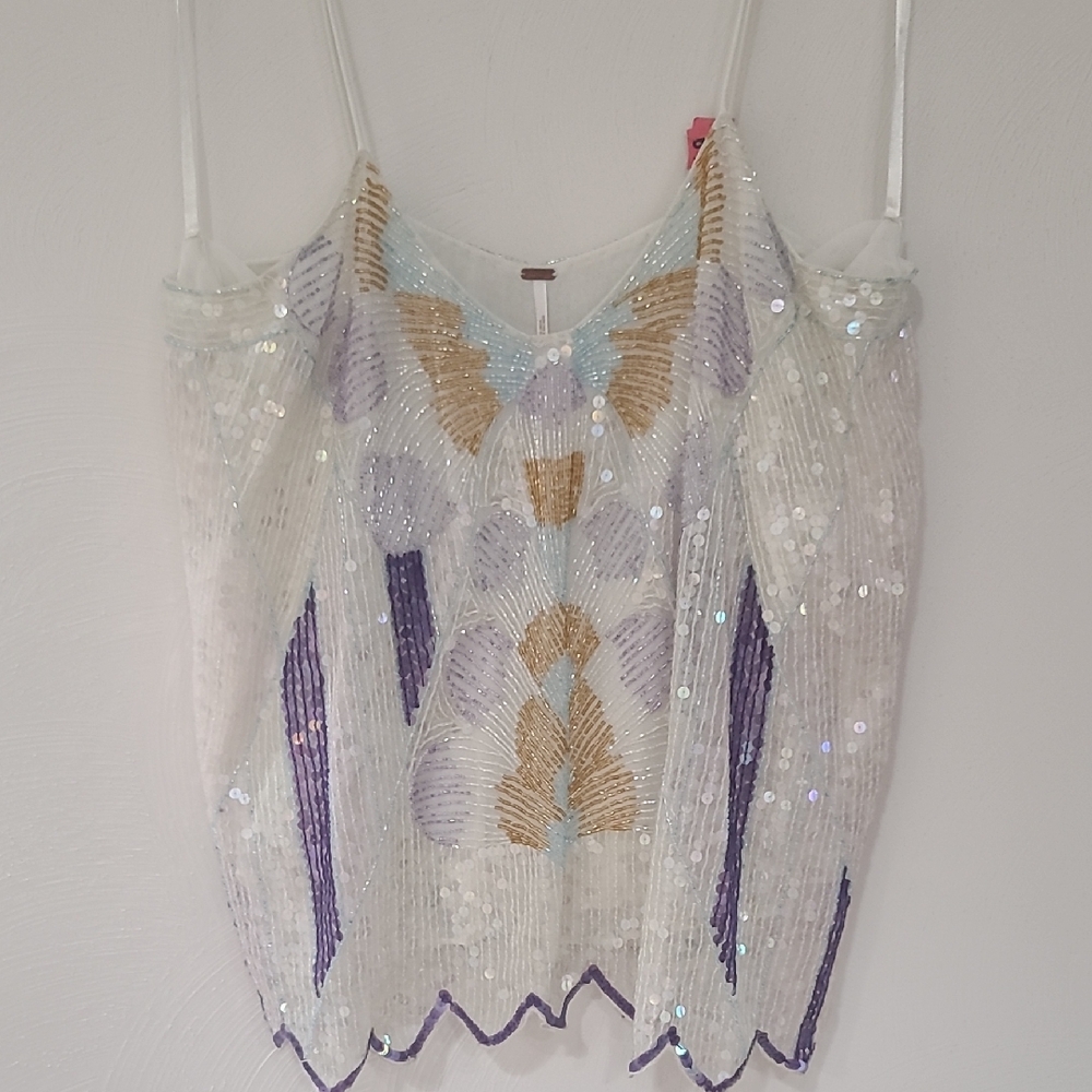 Free People White Sequin Beaded Tank Top with Lavender and Gold Accents